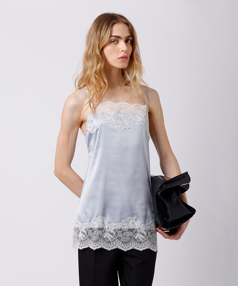 camisola feminina alça fina com renda acetinada mindset cinza