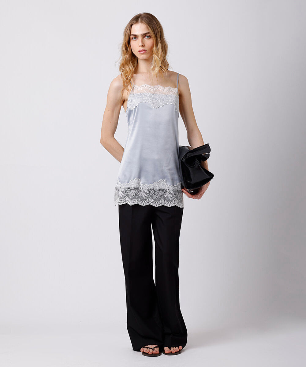camisola feminina alça fina com renda acetinada mindset cinza