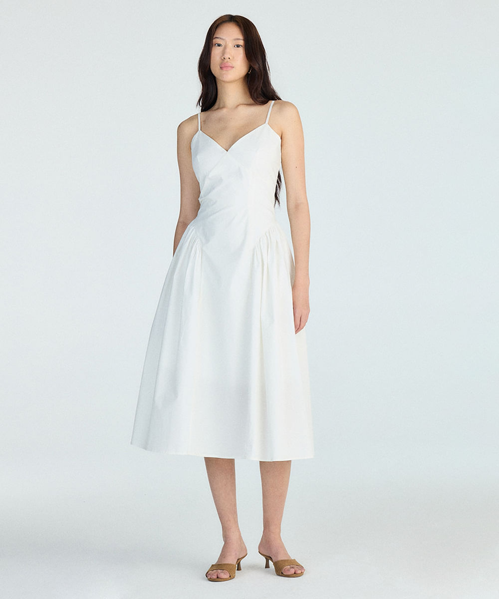 vestido midi alça fina feminino de algodão com recortes off white