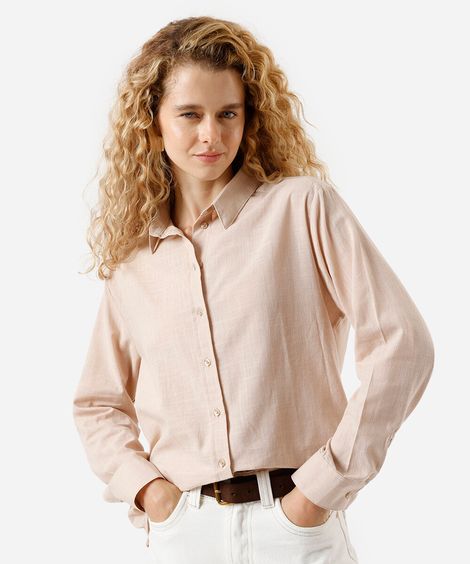 camisa feminina de algodão manga longa bege