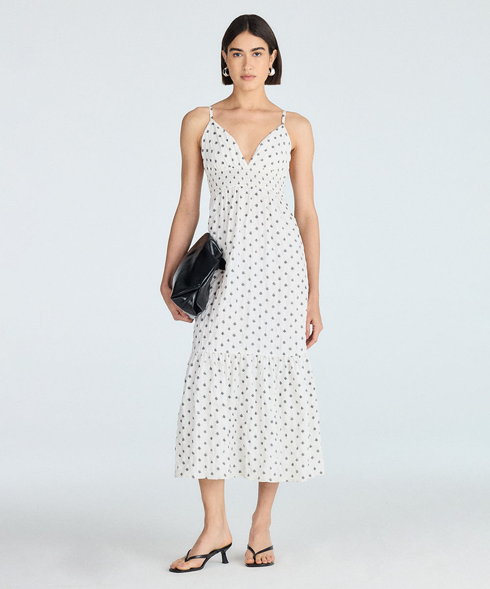 vestido midi feminino texturizado estampado off white