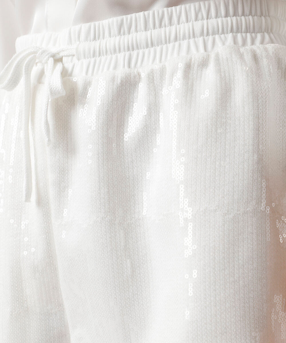short curto feminino de paetê cós elástico branco