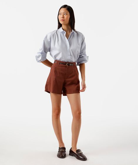 short de alfaiataria feminino com linho e cinto marrom