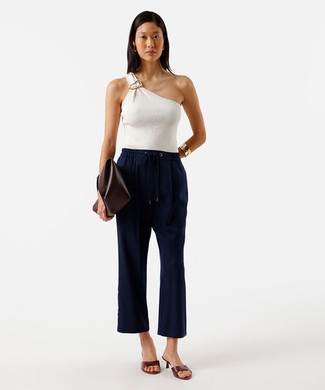 calça jogger feminina com linho azul