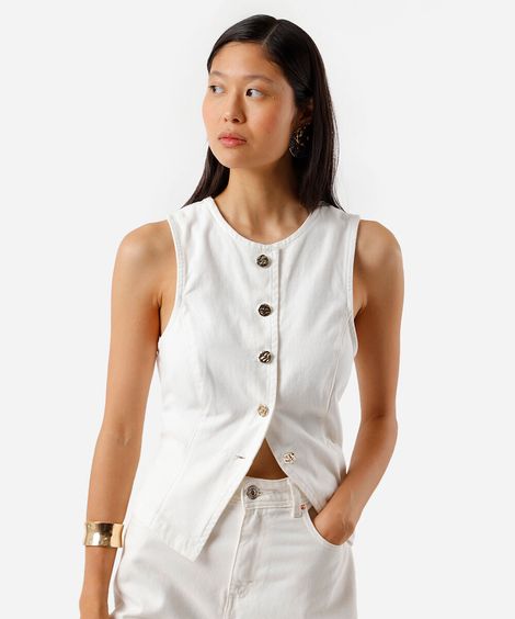colete feminino de sarja com recorte off white
