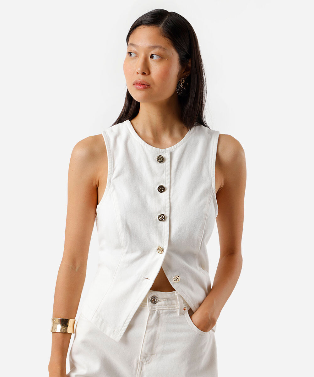 colete feminino de sarja com recorte off white