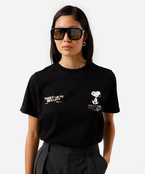 camiseta feminina de algodão snoopy preta