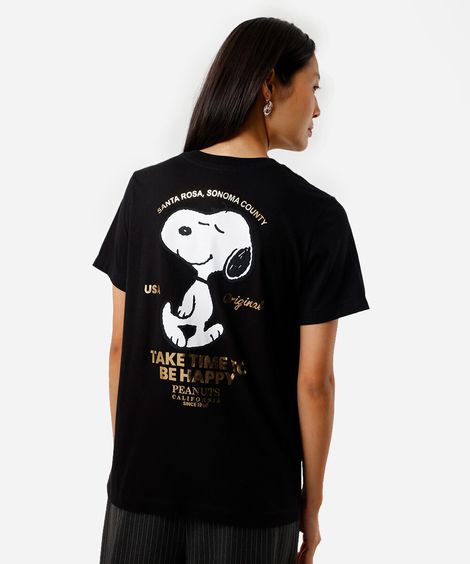 camiseta feminina de algodão snoopy preta