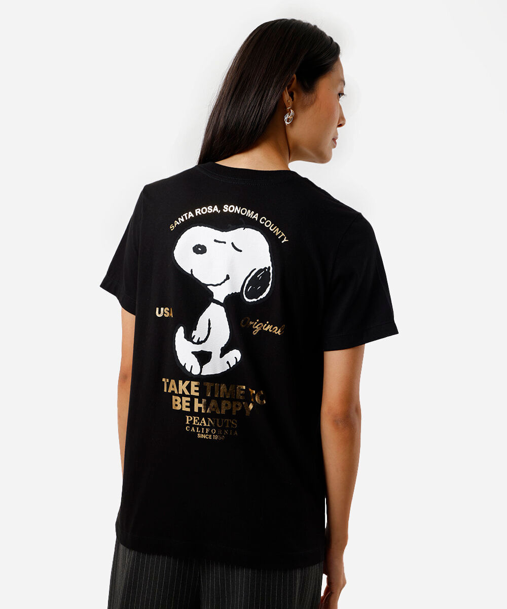 camiseta feminina de algodão snoopy preta