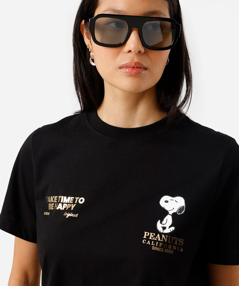 camiseta feminina de algodão snoopy preta