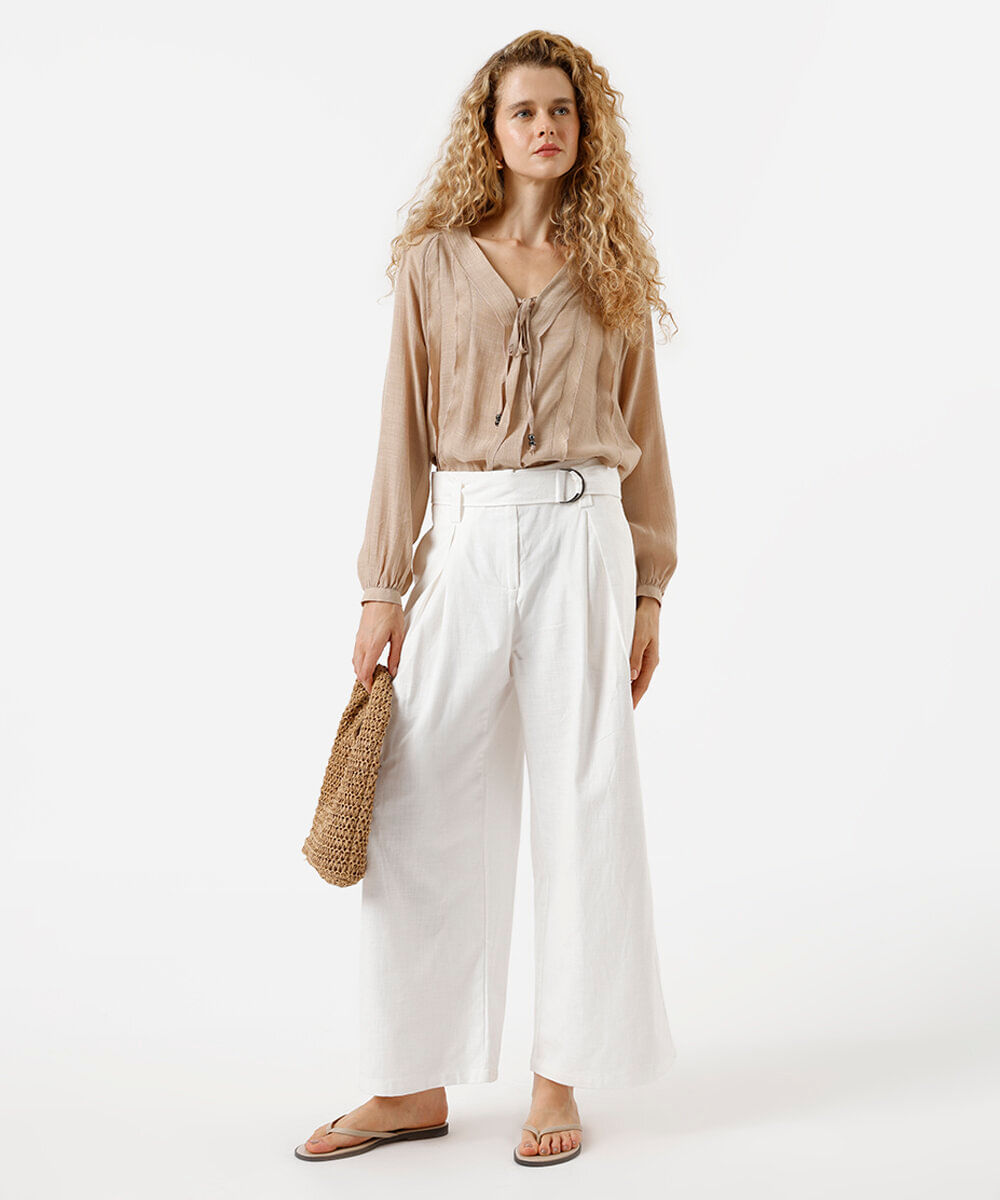 calça cropped feminina de algodão pregas e cinto off white