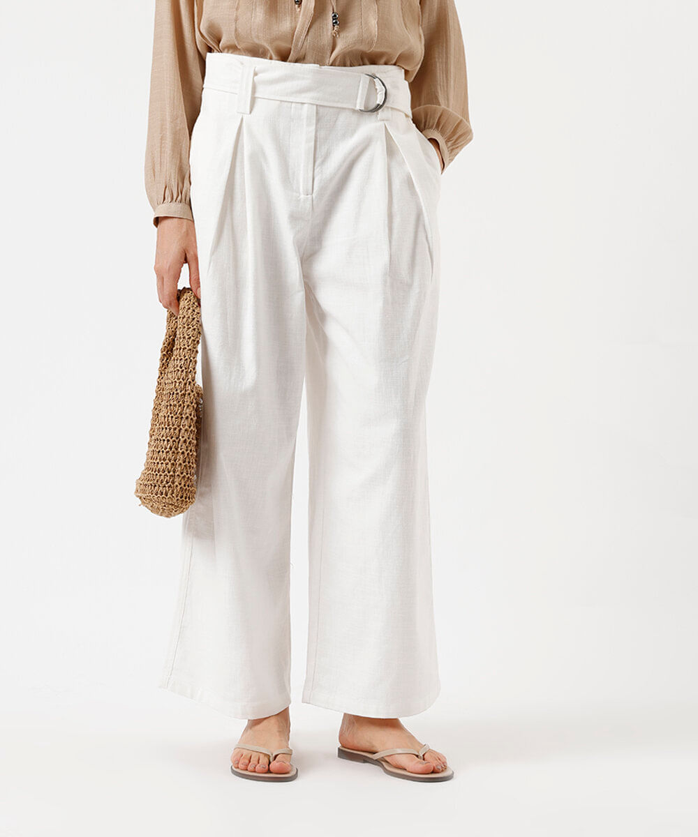 calça cropped feminina de algodão pregas e cinto off white