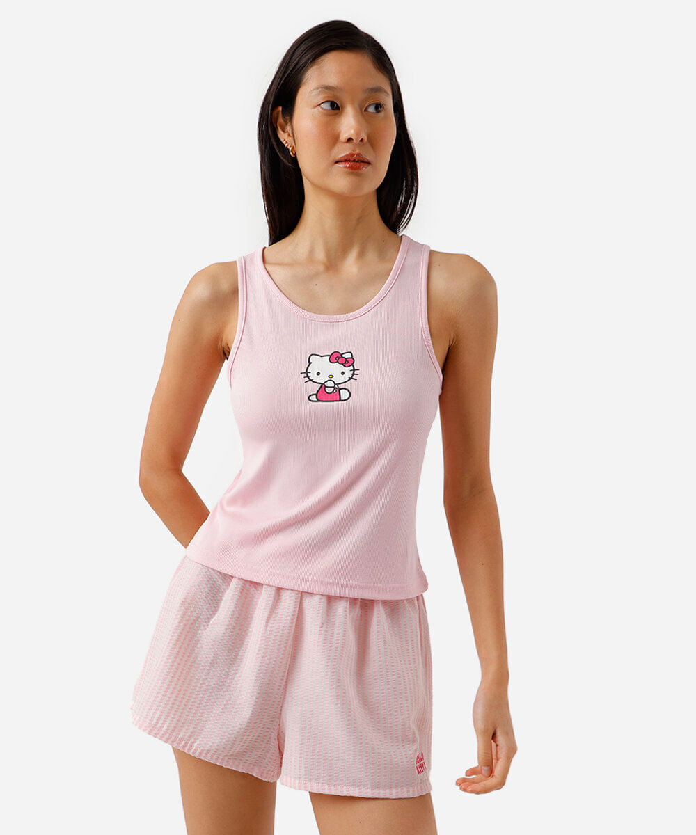 pijama short doll feminino hello kitty listrado rosa