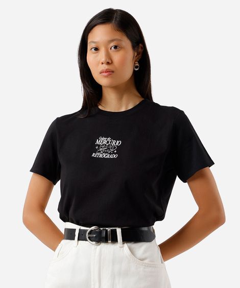 camiseta feminina de algodão estampada preta