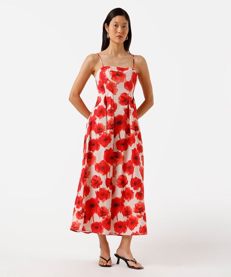 vestido midi alça fina feminino de algodão com pregas floral colorido