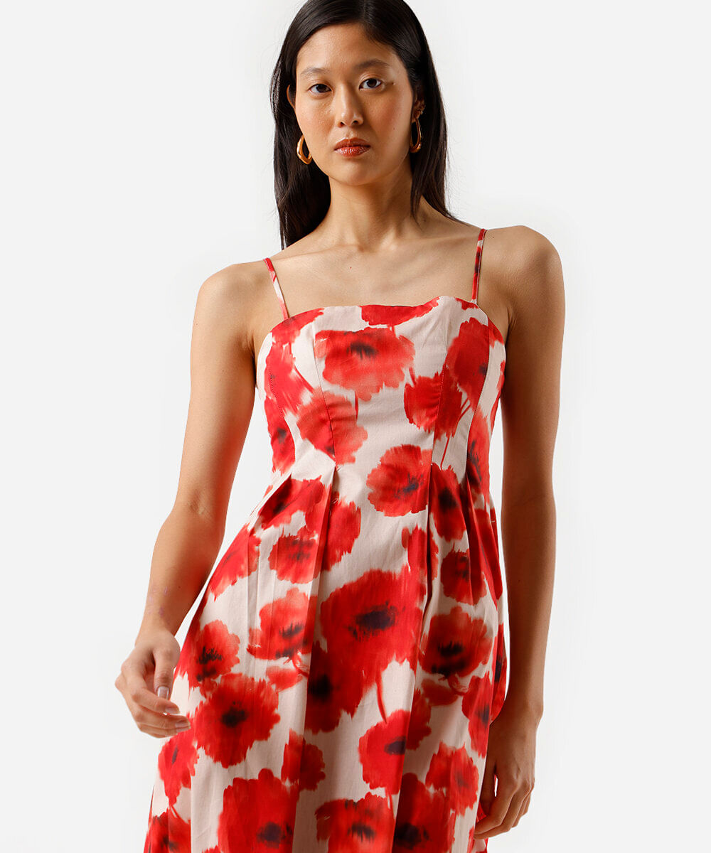 vestido midi alça fina feminino de algodão com pregas floral colorido