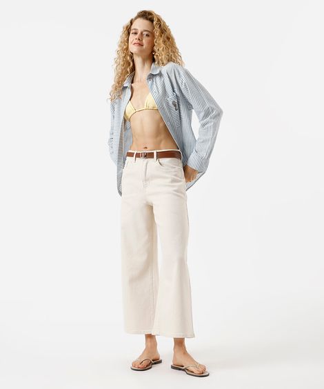 calça wide leg feminina de sarja cropped off white