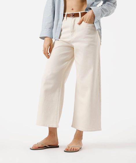 calça wide leg feminina de sarja cropped off white