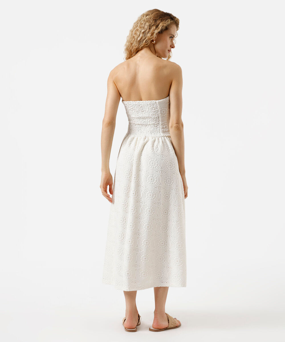 vestido midi sem alça feminino de laise texturizado off white