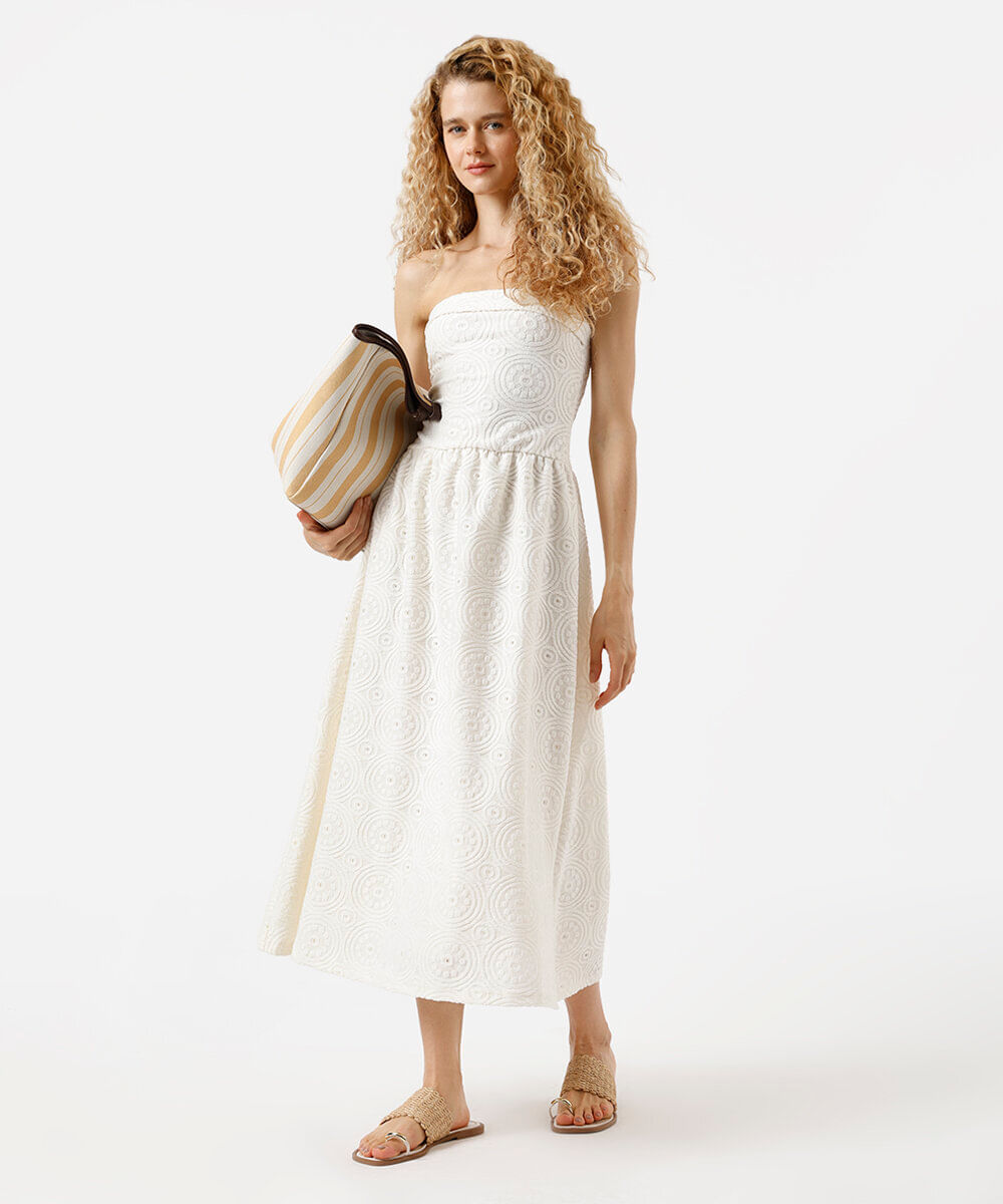 vestido midi sem alça feminino de laise texturizado off white