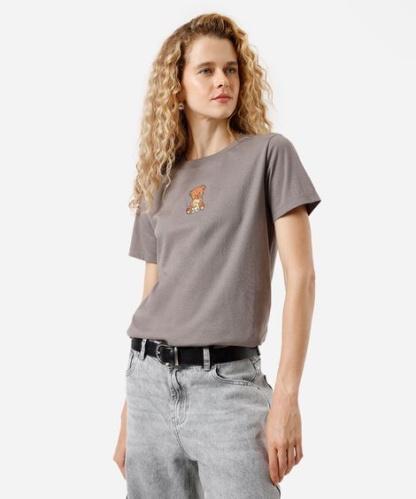 camiseta feminina de algodão ursinhos cinza