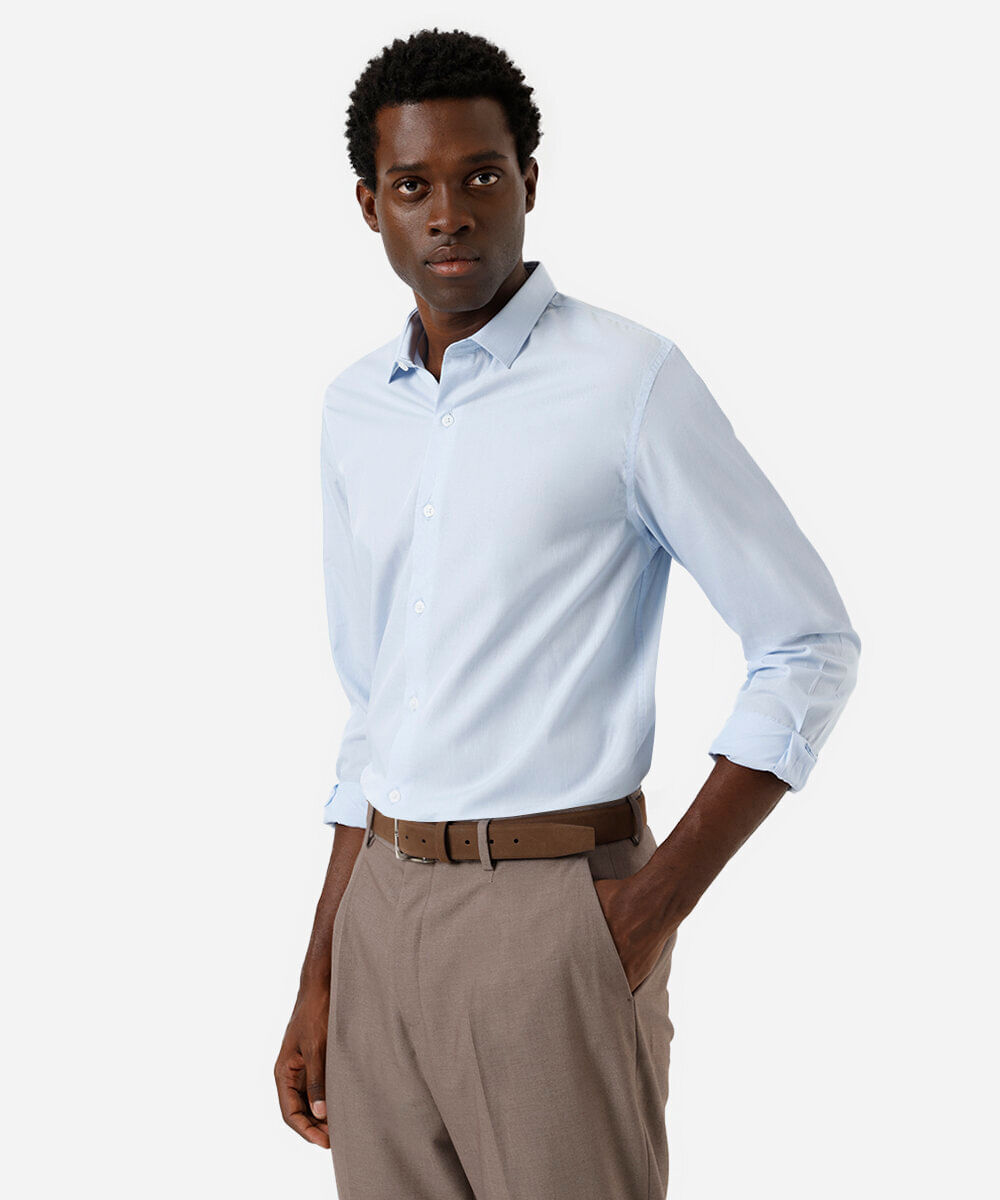 camisa comfort de algodão manga longa azul claro