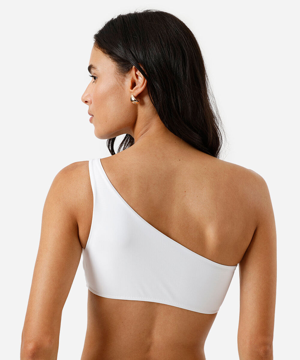 biquíni top faixa ombro único feminino com flor off white