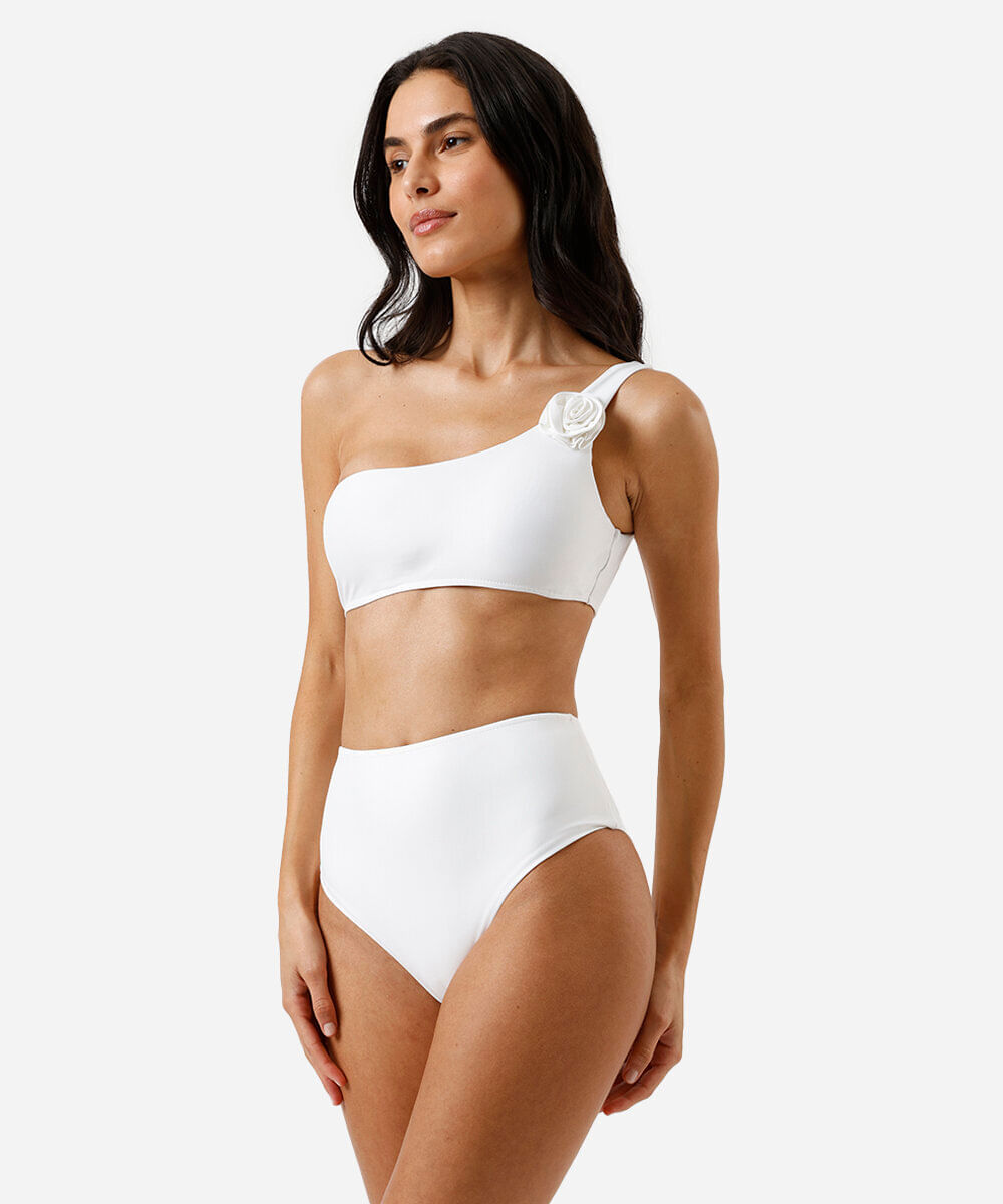 biquíni top faixa ombro único feminino com flor off white