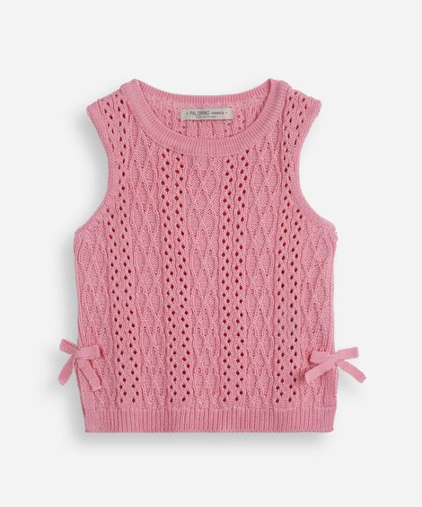 regata infantil de tricot texturizado com lacinhos rosa