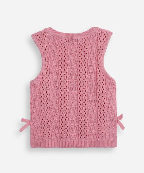 regata infantil de tricot texturizado com lacinhos rosa