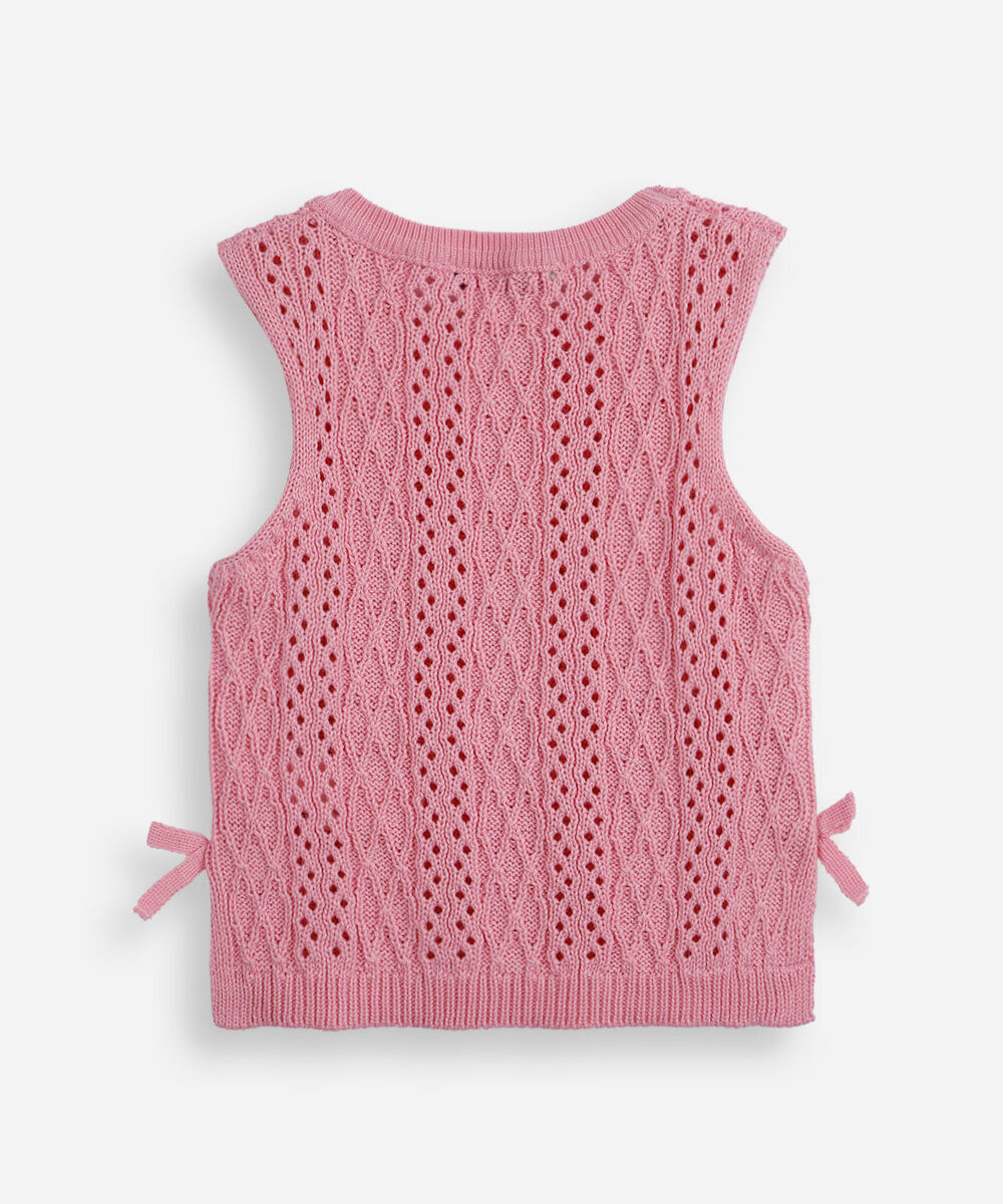 regata infantil de tricot texturizado com lacinhos rosa