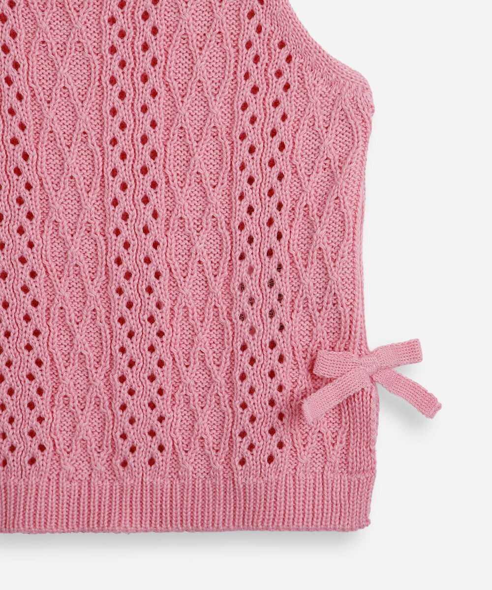 regata infantil de tricot texturizado com lacinhos rosa