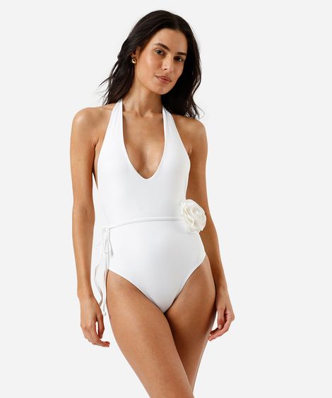 maiô frente única feminino com flor off white