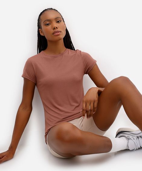 camiseta feminina esportiva com recorte manga curta bronze