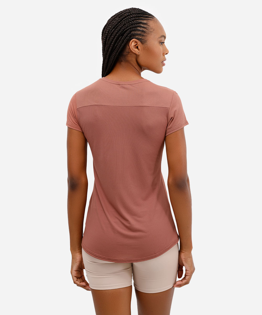 camiseta feminina esportiva ace com recorte manga curta bronze