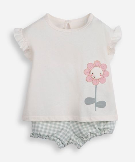 conjunto curto infantil de algodão floral off white
