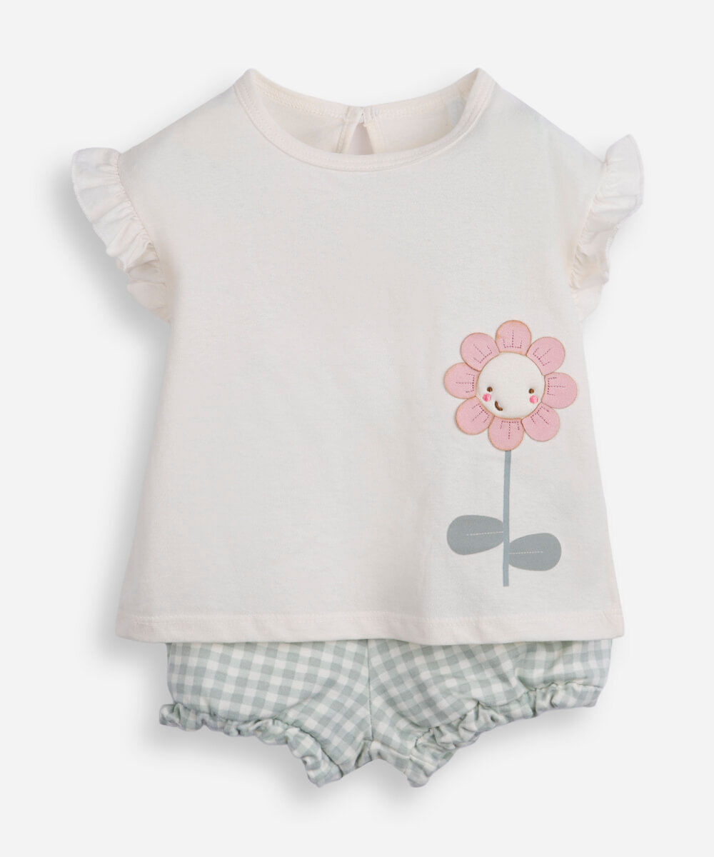 conjunto curto infantil de algodão floral off white