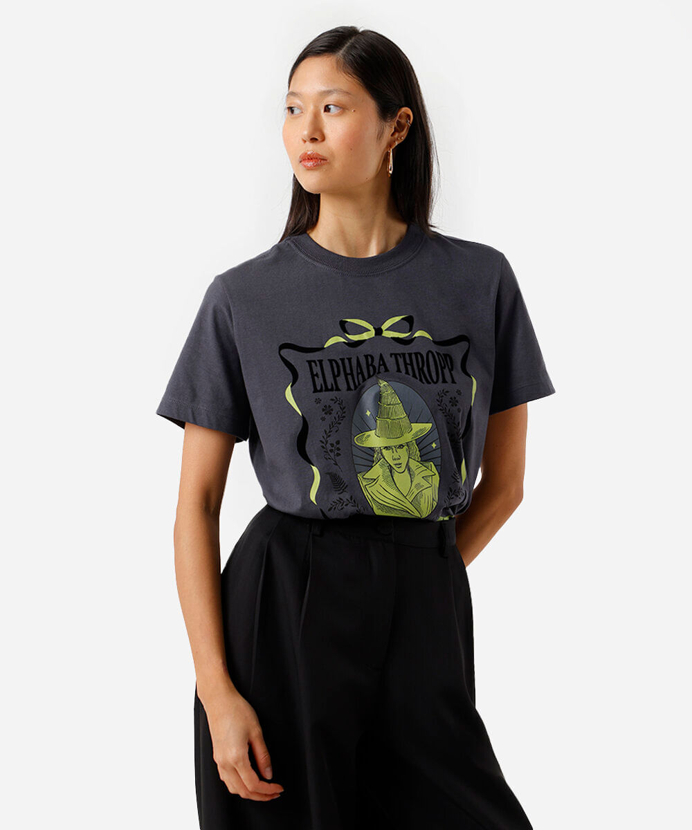 camiseta feminina de algodão elphaba wicked cinza