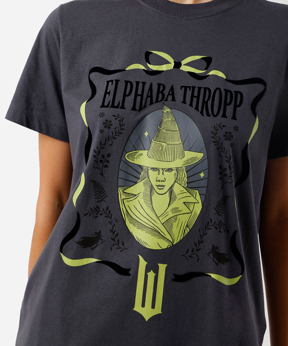 camiseta feminina de algodão elphaba wicked cinza