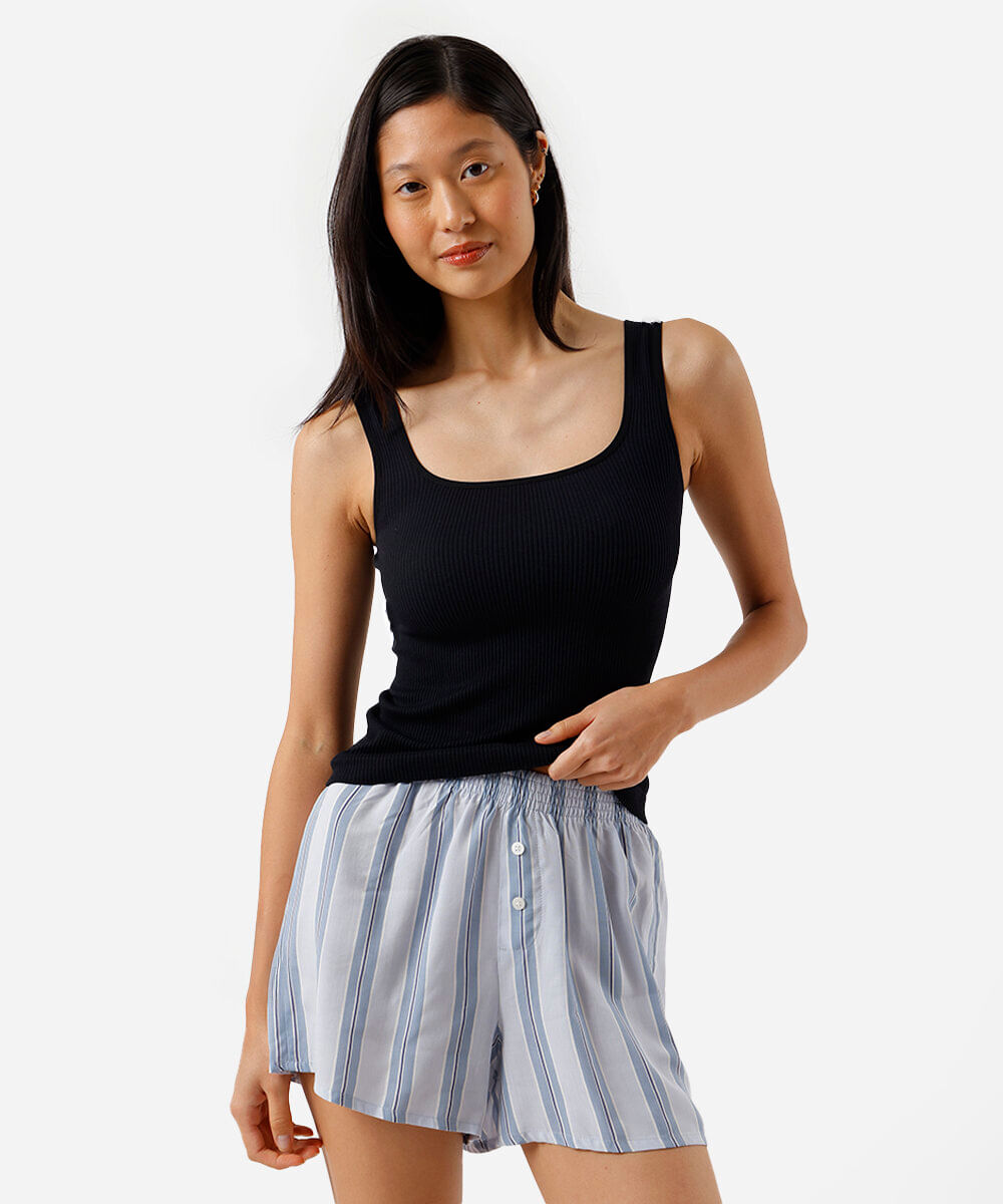 short feminino de pijama em viscose listrado azul