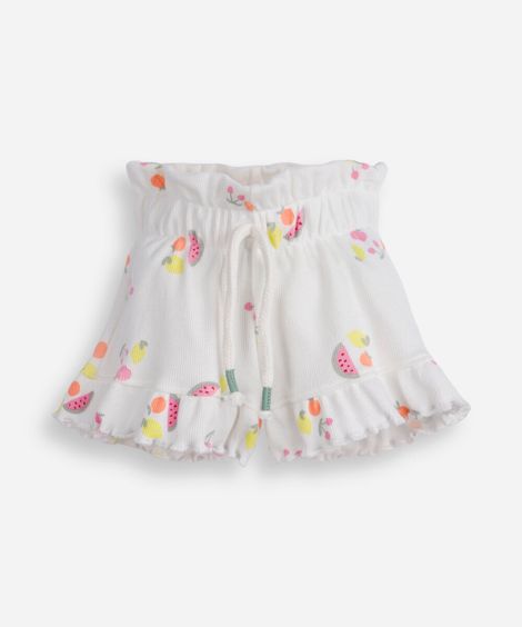 short clochard infantil de algodão com babados estampado off white