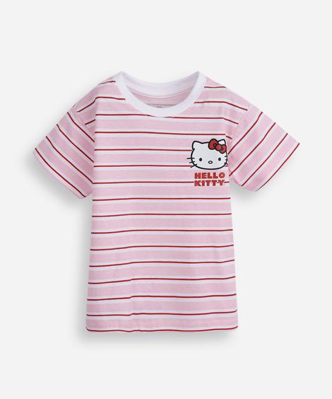 camiseta infantil de algodão hello kitty listrada rosa