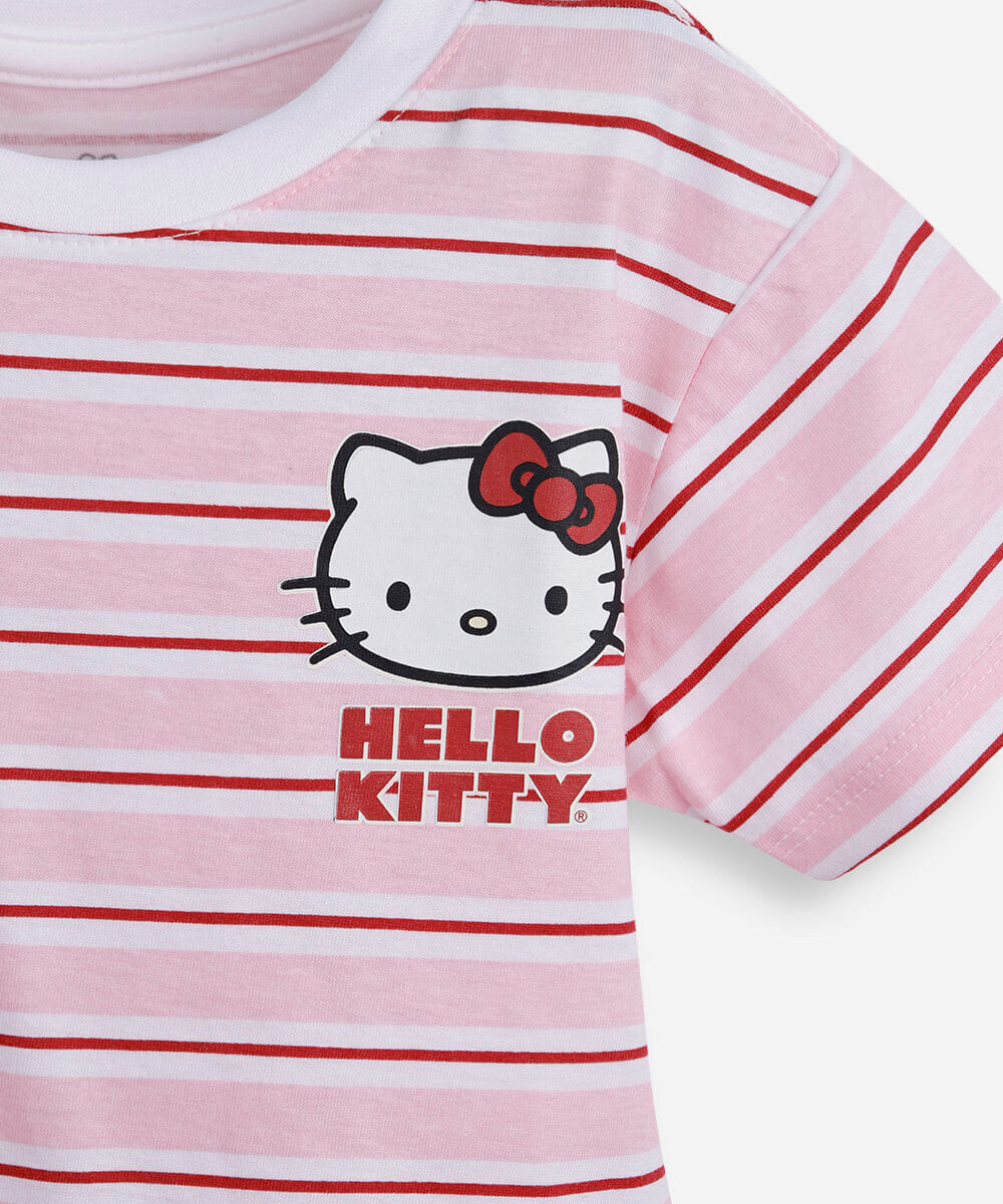 camiseta infantil de algodão hello kitty listrada rosa