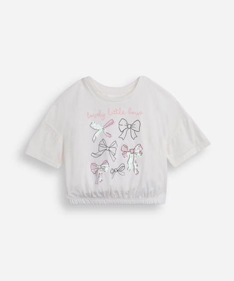 camiseta infantil de algodão com laços e paetês off white