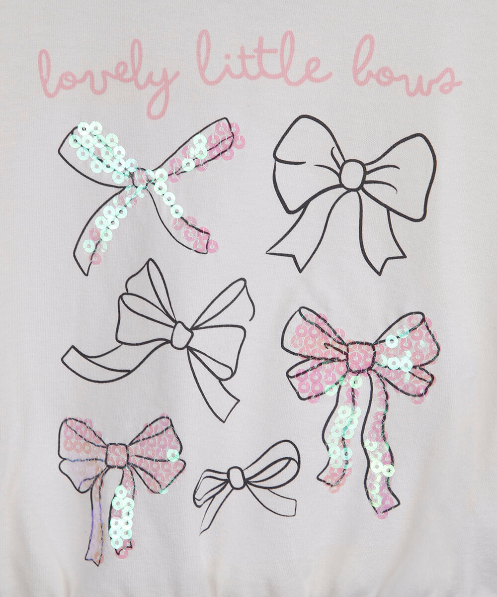 camiseta infantil de algodão com laços e paetês off white