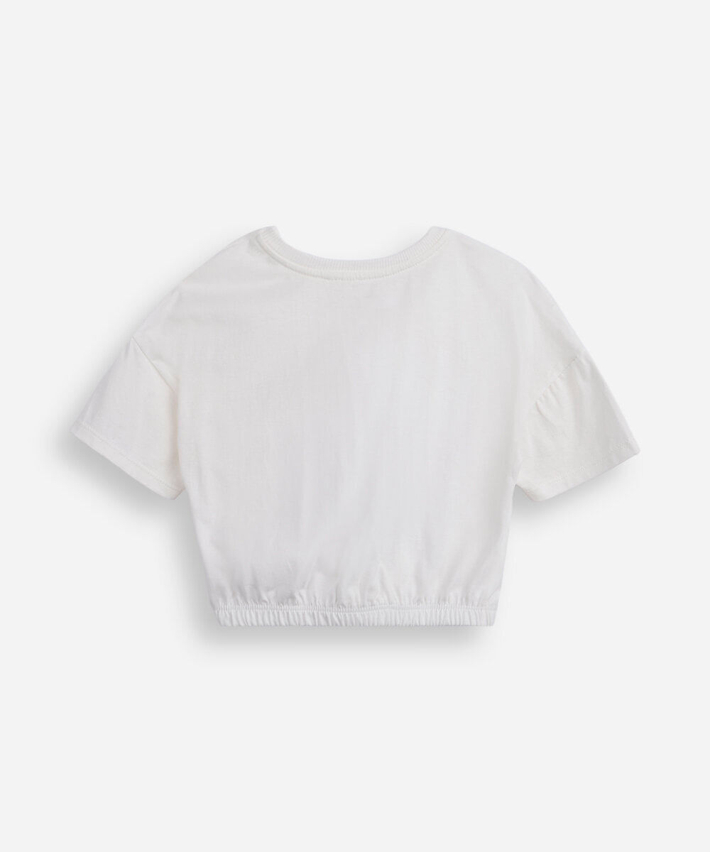 camiseta infantil de algodão com laços e paetês off white