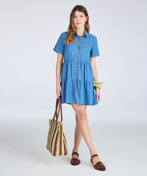 vestido chemise feminino jeans com recortes azul