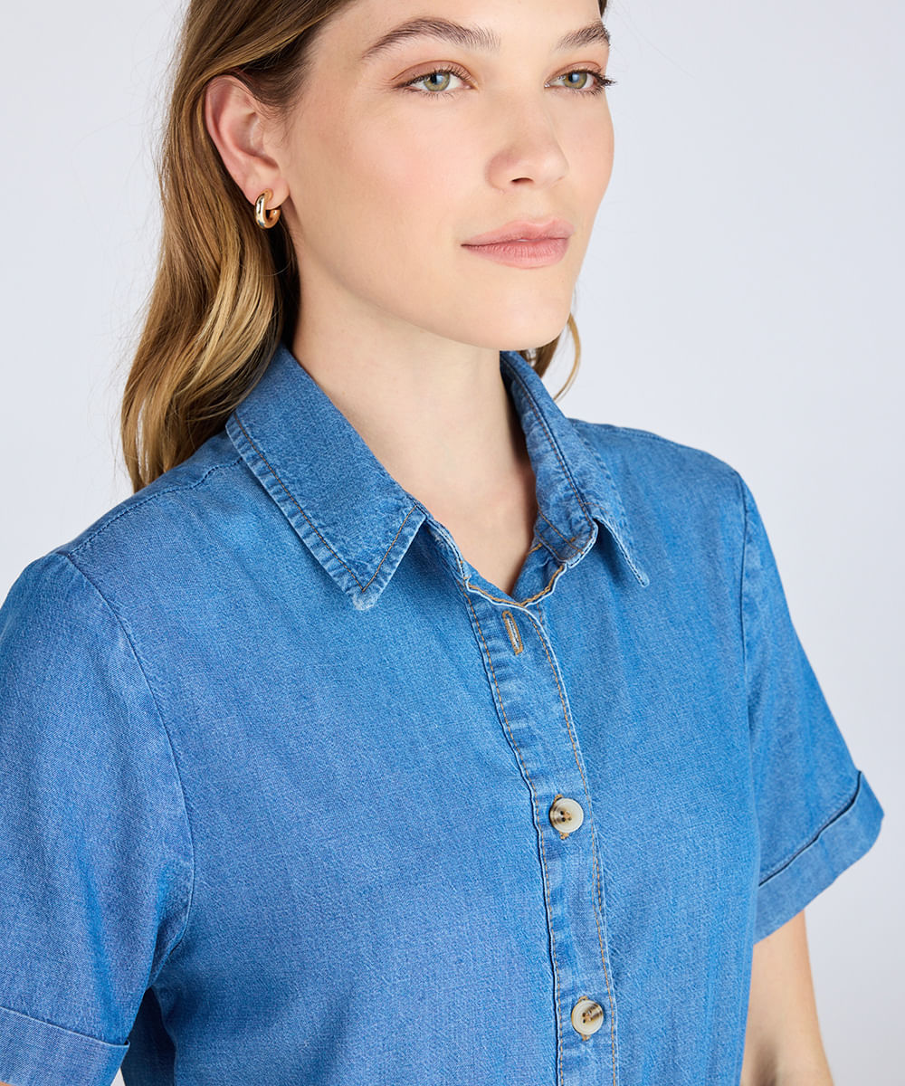 vestido chemise feminino jeans com recortes azul