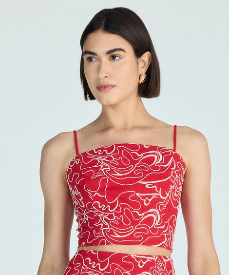 cropped alça fina feminino com linho bordado vermelha