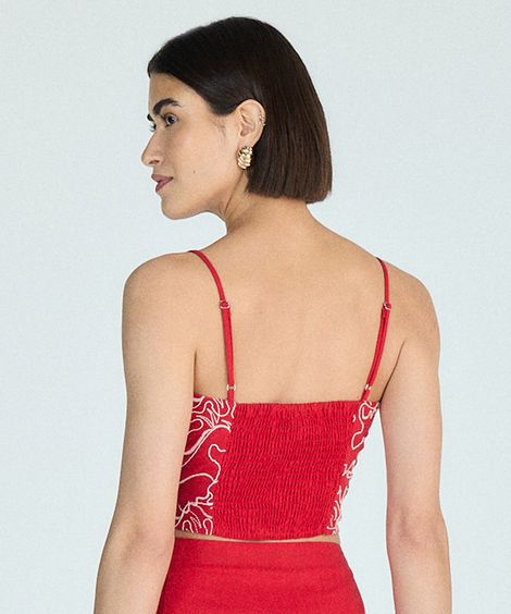 cropped alça fina feminino com linho bordado vermelha